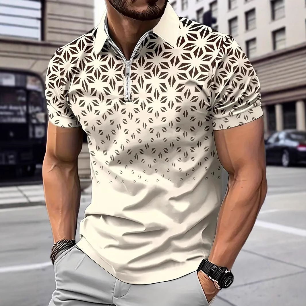 Camisa POLO con cremallera suelta transpirable de malla de negocios de la calle de verano para hombres, impresión digital 3D geométrica simple