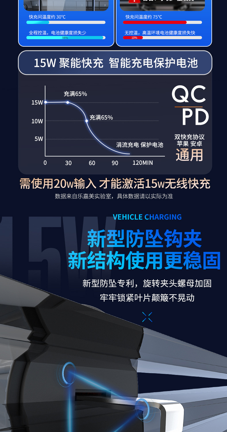 New 15W Car Mobile Phone Holder Wireless Charging Car Snap-On Wireless Charging Car Holder Factory Direct Sale