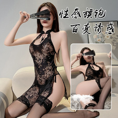 New Sexy Retro Cheongsam, Lingerie Cheongsam Uniform, Alluring Slit Hollow-Out Hot Lace See-Through Nightgown Set