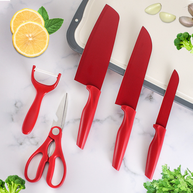 Cuchillo de cocina de cinco piezas conjunto de mango PP cuchillo de acero inoxidable cortadora de cuchillo de cocina con planador de melón combinación de cuchillo de regalo en stock