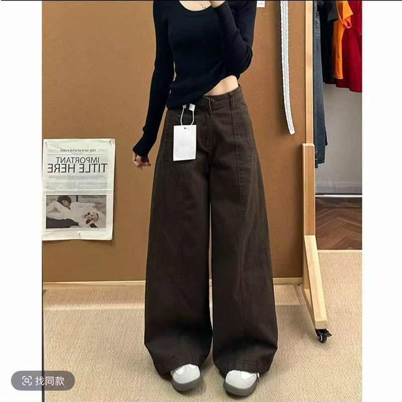 Melad brown curved-leg jeans for women, 2026 summer and autumn new collection, high-waisted, loose-fitting, slimming, casual wide-leg pants