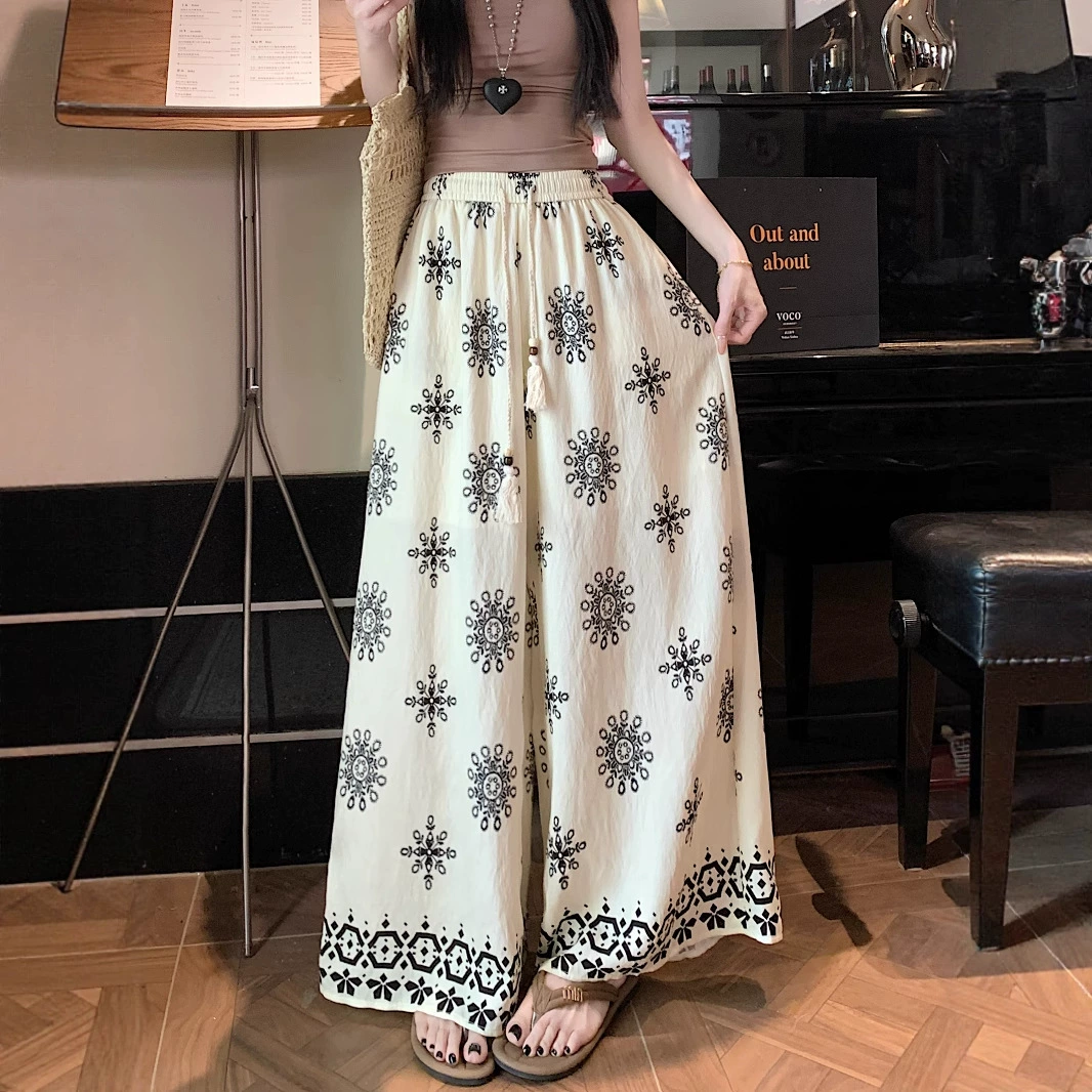 Широкие брюки из хлопка и льна в этническом стиле в стиле ретро с цветочным принтом для женщин, летние свободные универсальные прямые повседневные брюки с высокой талией и шнурком