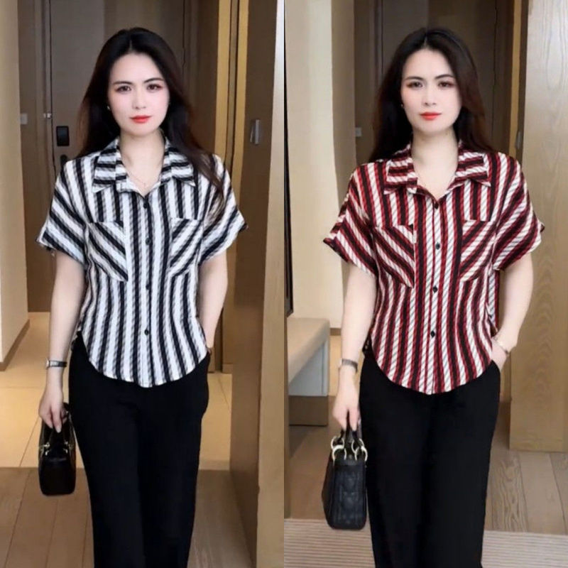 2025 New Summer Style, Western Style, Age-Reducing, Slimming Look Short-Sleeved Shirts, Fashionable High-End Design Stripesd Tops