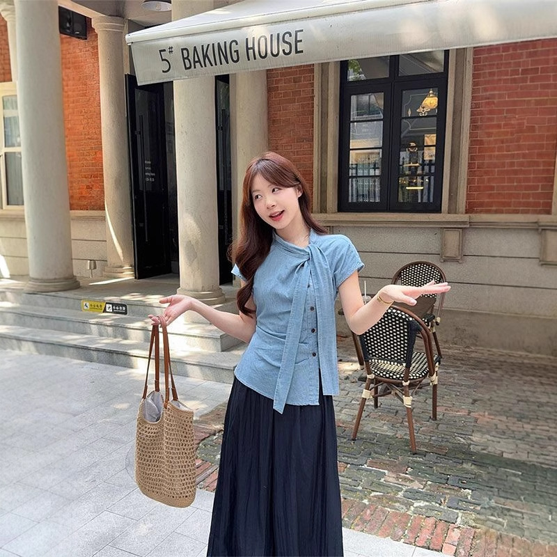 Irregular Design Pleated Ribbon Shirt for Women 2025 Summer New Slim Fit Chic Chic Top Trendy Irregular Design Pleated Ribbon Shirt for Women 2025 Summer New Slim Fit Chic Chic Top Trendy