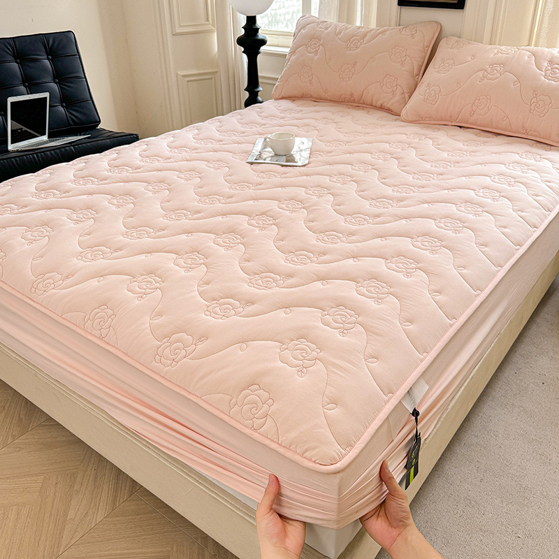 Washable Cotton Thick Quilted Rose-Patterned Fitted Sheet Single Piece Mattress Protector Pure Cotton Bed Cover for Home Use Cross-Border