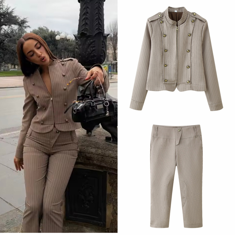 Cross-Border European and American Aliexpress Instagram Popular New Product Napoleon-Style Double-Breasted Decorative Top + Pants Set