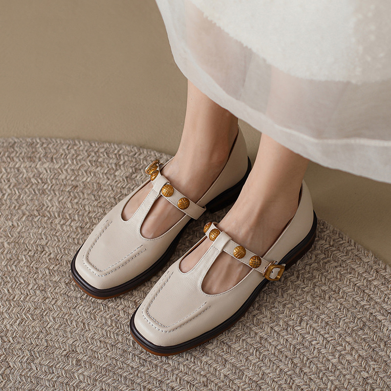 Retro Mary Jane shoes square toe low-cut with studs flat