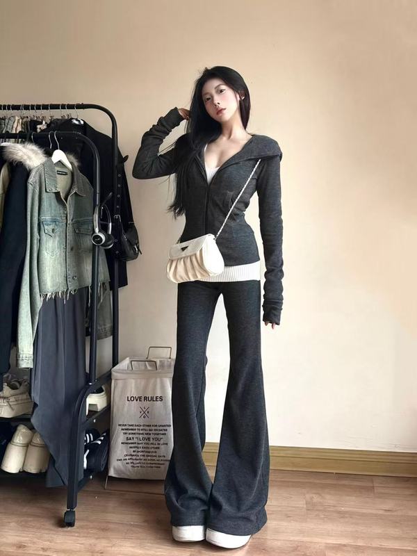 灰色秋季套装女款2025新款修身收腰韩系连帽入秋装搭配一整套穿搭|undefined