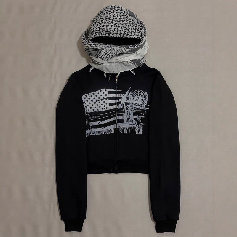 European and American Ins Cross-Border Trade Autumn and Winter Unique Hooded Zipper Sweatshirt Cardigan Men's Scarf Turtleneck Hooded Top