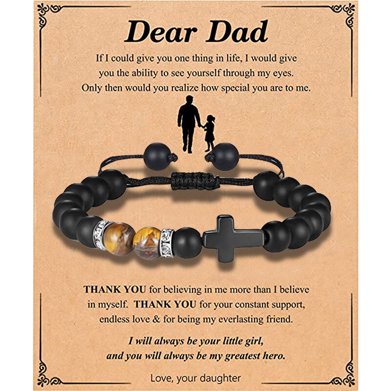 Black Frosted Diamond Ring Bracelet Braided Adjustable 8mm Black Frosted Tiger Eye Stone Beaded Cross Diamond Ring Bracelet for Women