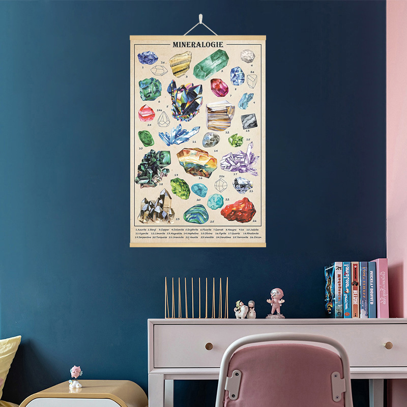 Gem Crystal Ore Illustration Hanging Axle Painting Amazon Hot Selling Retro Living Room Decorative Painting Hanging Painting Hallway Hanging Painting scroll painting