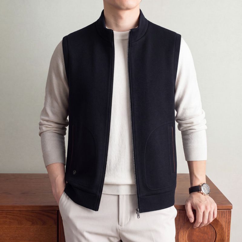 2026 New Autumn/Winter Men's Vest with Stand Collar and Zipper Design for Middle-Aged Men (Old Money Style)