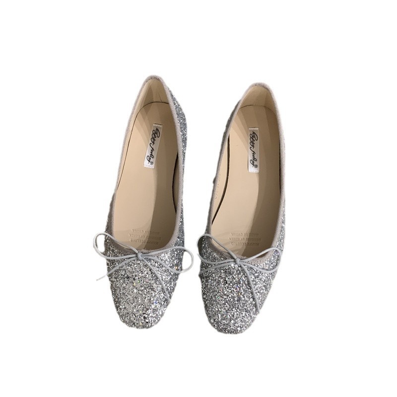 2024 Primavera Autunno Nuovo stile scintillante suola piatta singola per scarpe da ballo per balletto con bocca bassa e fiocco da donna_voghion.com