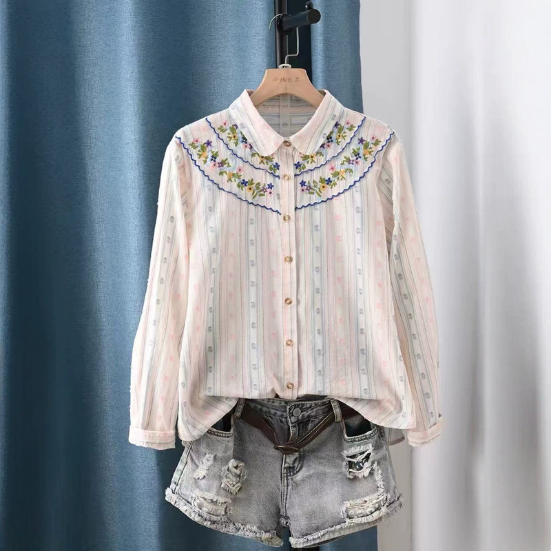 Heavy embroidery striped long-sleeve shirt 2026, artistic Japanese style, turn-down collar, single-breasted, age-reducing, slimming, versatile top for women Heavy embroidery striped long-sleeve shirt 2026, artistic Japanese style, turn-down collar, single-breasted, age-reducing, slimming, versatile top for women