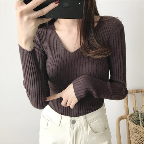 V-neck long-sleeve slim-fit base shirt women's inner sweater women's autumn/winter style stylish versatile top multi-color knit shirt