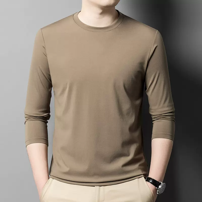 2024年纯色桑蚕丝长袖圆领T恤男士商务休闲免烫中青年时尚体恤衫