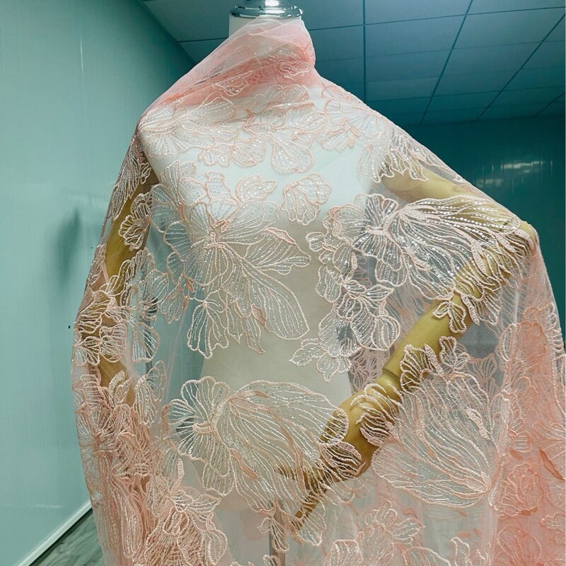 2026 Spring/Summer New Mesh Fabric with Large Floral Embroidery and Sequin Embroidery for Children's Clothing