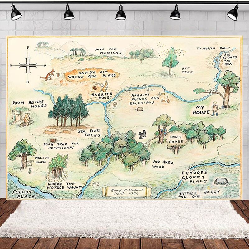 100 Acres Bear Family Map Background Cloth Winnie the Pooh Forest Adventure Animals Children Birthday Photography Banner