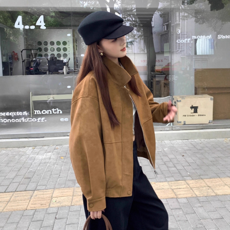 Brown Suede Jacket for Women, Autumn/Winter 2026 New Vintage Loose Casual Design with a Turn-Down Collar, Biker Jacket