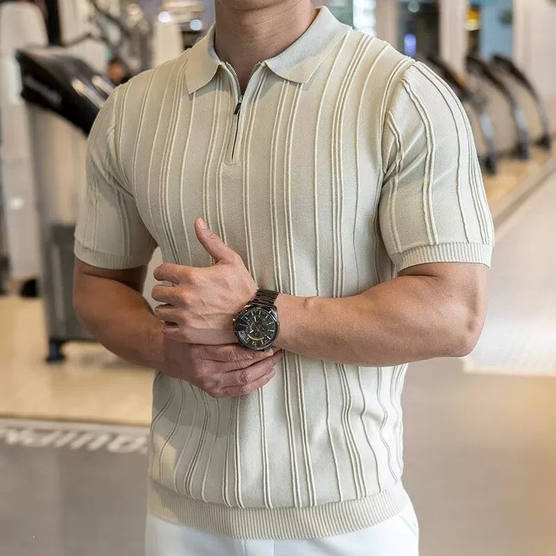 Herren Halb-reißverschluss Strickpolo Kurzarm Eisseide Top_voghion.com