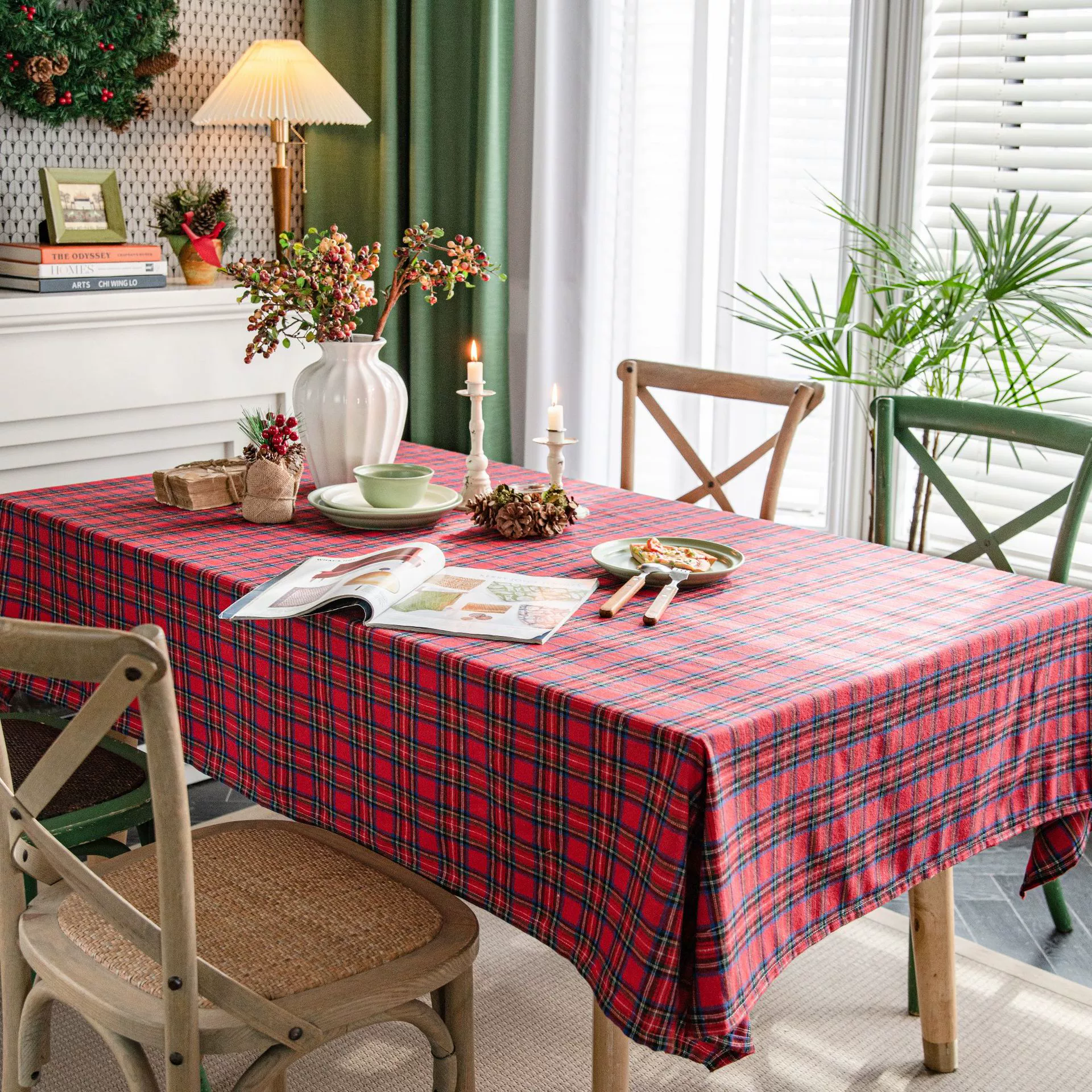 Rectangular tablecloth, cotton‑linen, dustproof red checkered decorative table mat, multiple sizes