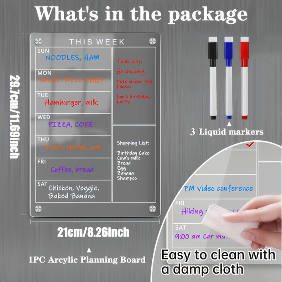 Juego transfronterizo de placa de limpieza magnética de acrílico Dzhzal para refrigerador 3 bolígrafos borrables