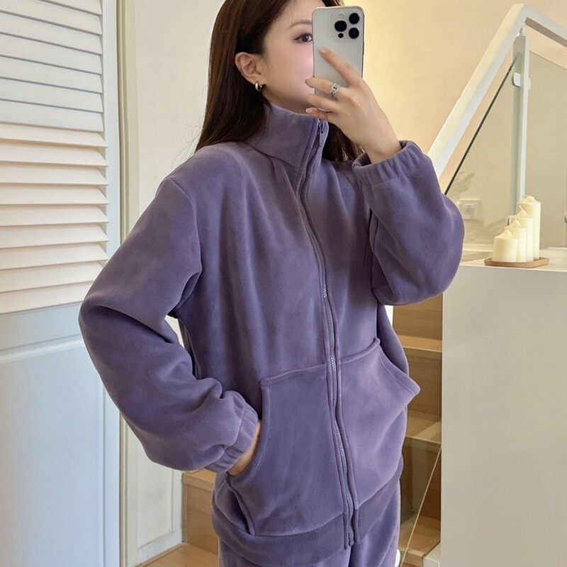Winter New Thickened Pajamas Women's Fleece Solid Color Casual suit Olympic Fleece fleece-lined Warm Zipper Home Clothes