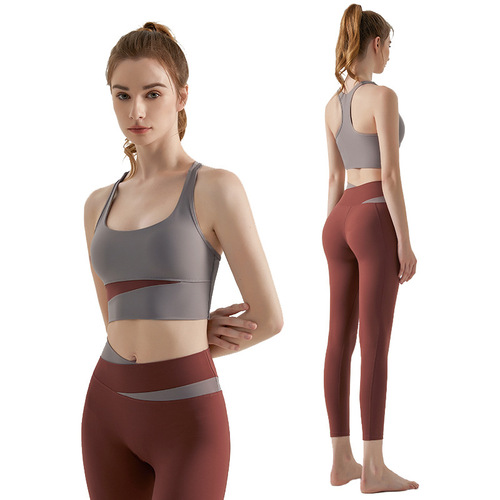 Fitness Yoga Bra Set Manufacturer Wholesale Running Quick-Drying High Waist Shockproof Contrast Color Waist Slimming Sports Yoga Wear for Women
