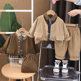 儿童春秋长袖纯色工装服套装男宝宝时尚休闲领带衬衣裤子三件套潮