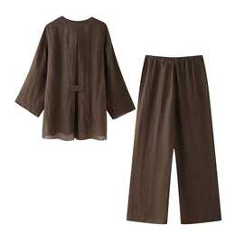 外贸批发2024夏季新品欧美跨境女装亚麻和服交叉外套直筒裤套装
