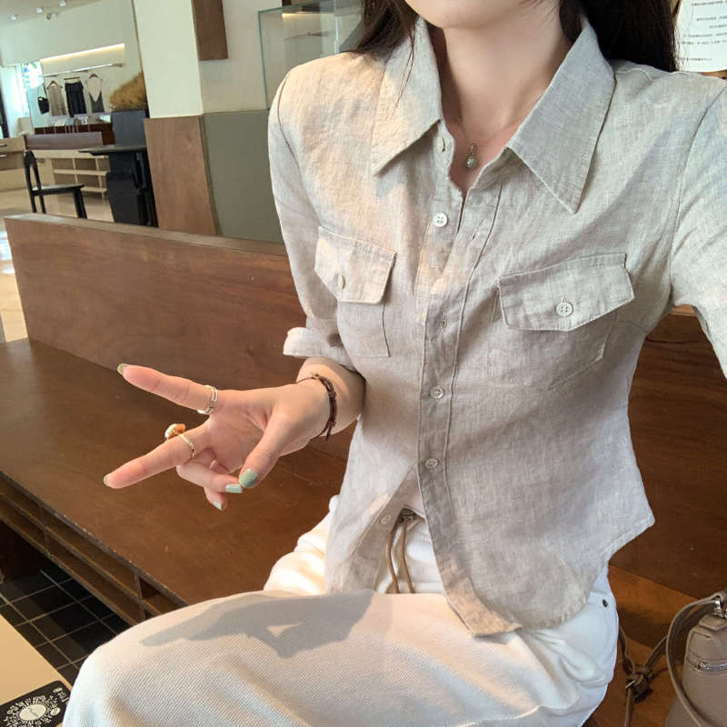 法式高级感系带收腰亚麻中袖衬衫女夏2025新款洋气独特别致小上衣|undefined