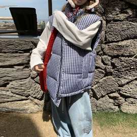 2025新款棉服马甲女美式蓝格子马夹叠穿宽松韩版冬季加厚保暖外套