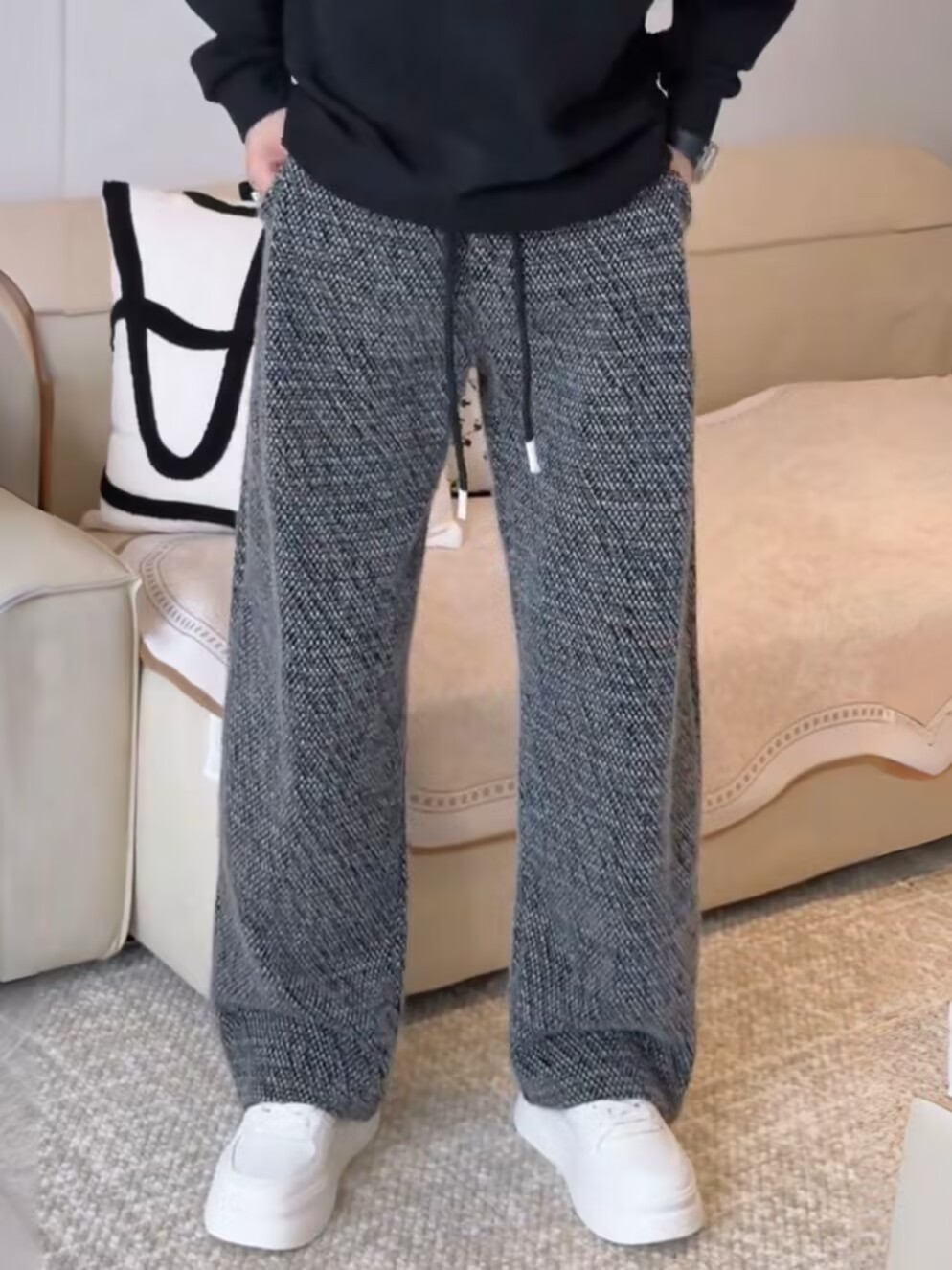 冬季新款彩线绒毛加厚窄版直筒休闲裤男潮流百搭软糯保暖阔腿长裤