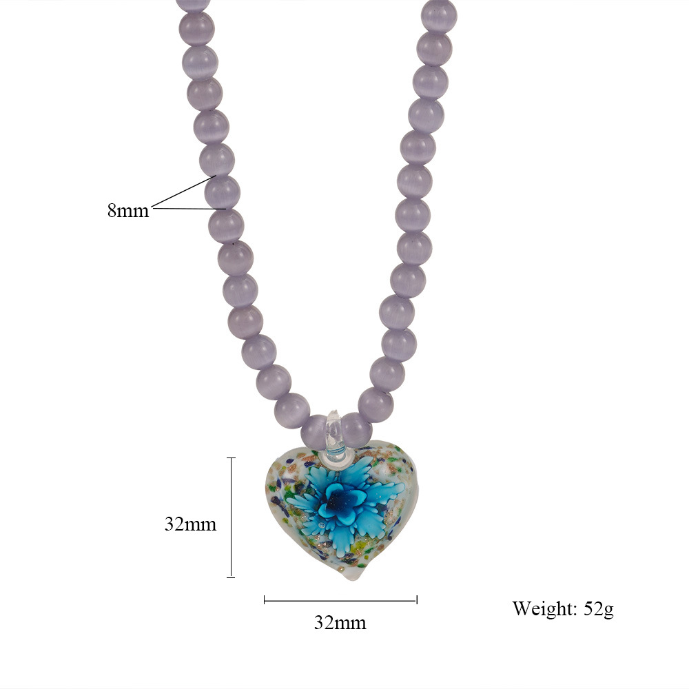 Holiday, Daily Occasion Simple Style Classic Style Heart Shape Cat's Eye Stone Glass Beaded Chain Beaded Necklaces Wholesale