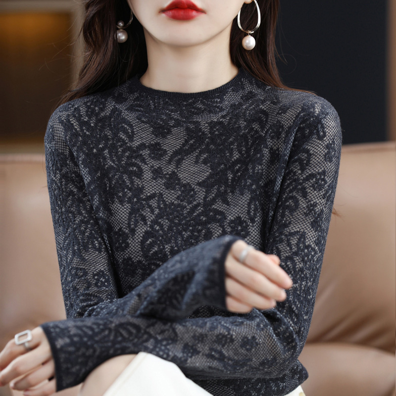 Women's Woolen Sweater Autumn New Women's Thin Micro-transparent Long-sleeved Top Half-neck Lace Knitted Base Shirt for Women