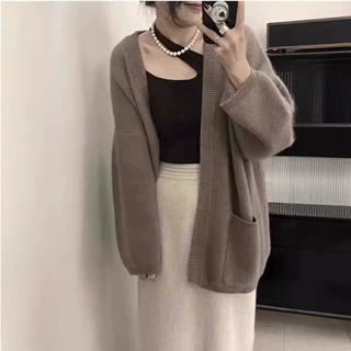韩版慵懒加厚羊毛开衫女中长款气质软糯毛衣宽松显瘦外套羊绒带兜