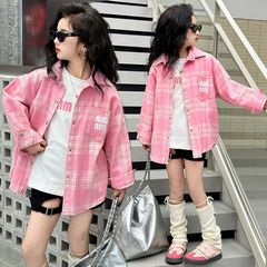 女童襯衫春秋季新款洋氣粉色格子寬鬆中大童女孩磨毛加厚兒.
