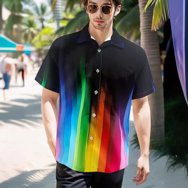 Cross-Border 26 New Style Black Casual Shirt for Men, Trendy Loose-Fitting Beach Vacation Short-Sleeve Rainbow Gradient Print Shirt