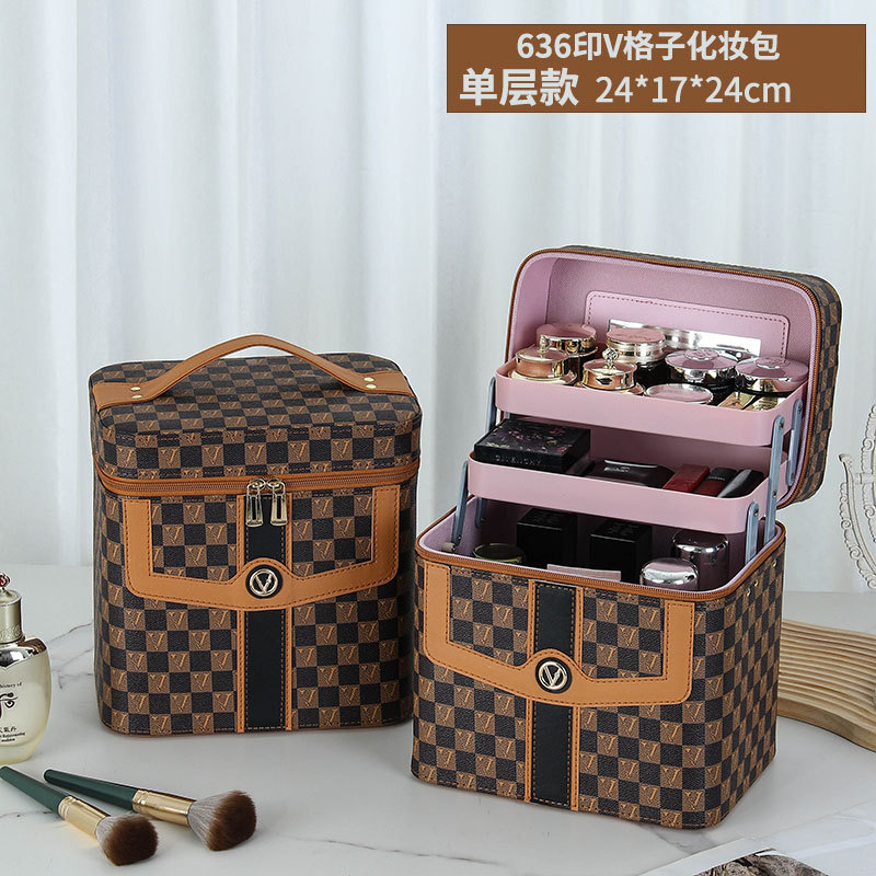 Caja de cosméticos a cuadros en forma de V transfronteriza, bolsa de almacenamiento para el cuidado de la piel portátil, caja de herramientas grande multifuncional portátil de alta gama para mujer