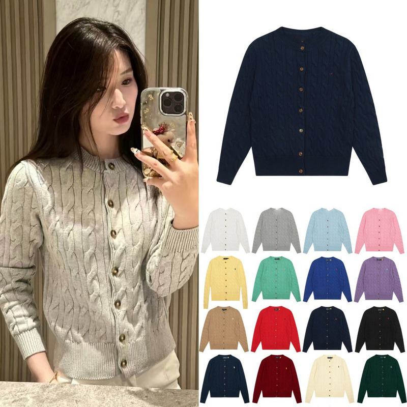 Scannable Qr Code Autumn and Winter Ralph Lauren Logo Braided Embroidery Round Neck Simple Knit Cardigan Sweater Women's Outerwear Scannable Qr Code Autumn and Winter Ralph Lauren Logo Braided Embroidery Round Neck Simple Knit Cardigan Sweater Women's Outerwear