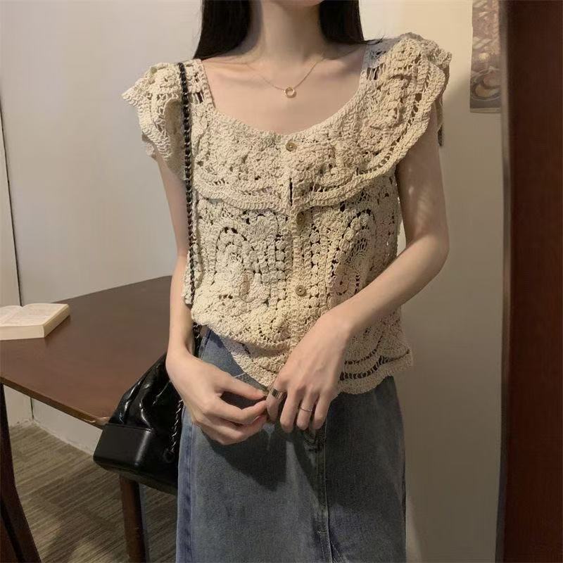 Summer New French-Style Chic Knit Top with Lace Hollow-Out Design, Unique Thin Short Lace Sleeveless Blouse for Women Summer New French-Style Chic Knit Top with Lace Hollow-Out Design, Unique Thin Short Lace Sleeveless Blouse for Women