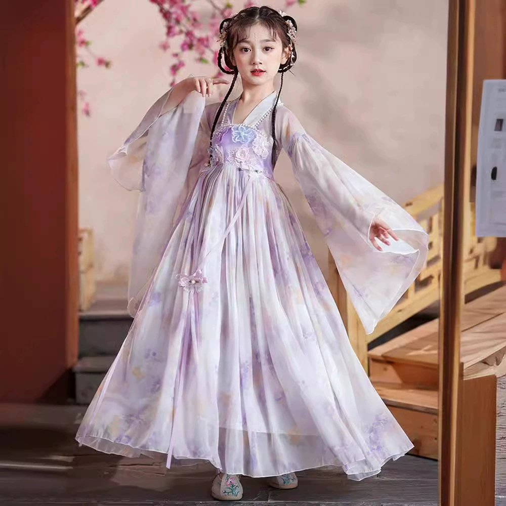 Древний костюм ханьфу для девочки, юбка, Детский костюм для выступлений в китайском стиле, костюм Тан, сказочное платье для суперфеи маленькой девочки, весна и лето