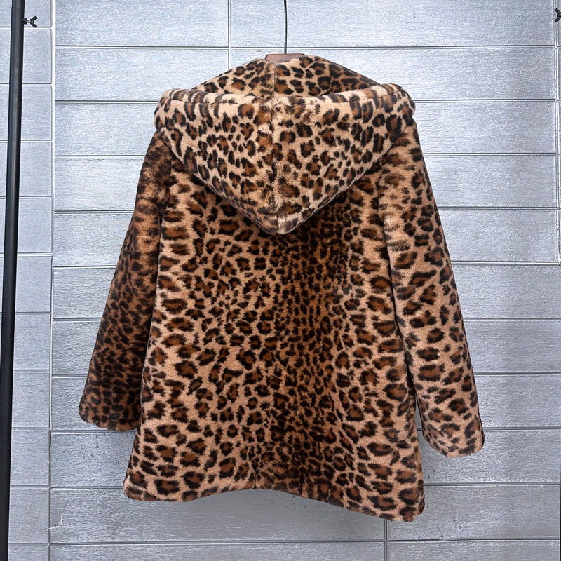 Women's Clothing Leopard print rabbit fur mid length hooded loose fur coat_voghion.com