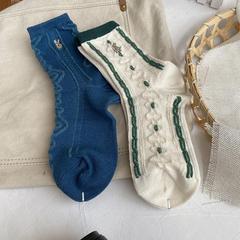 春夏款 日韓撞色暗紋提花中筒女襪 素色復古清新個性透氣棉襪百搭