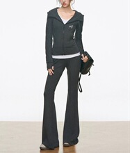 修身显瘦针织连帽开衫套装 /打底T恤 /微喇叭裤