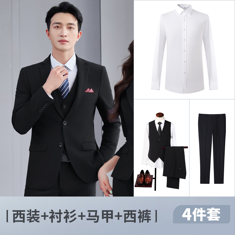 남성용 블랙 더블 버튼 슈트 + 화이트 셔츠 + 조끼 + 바지