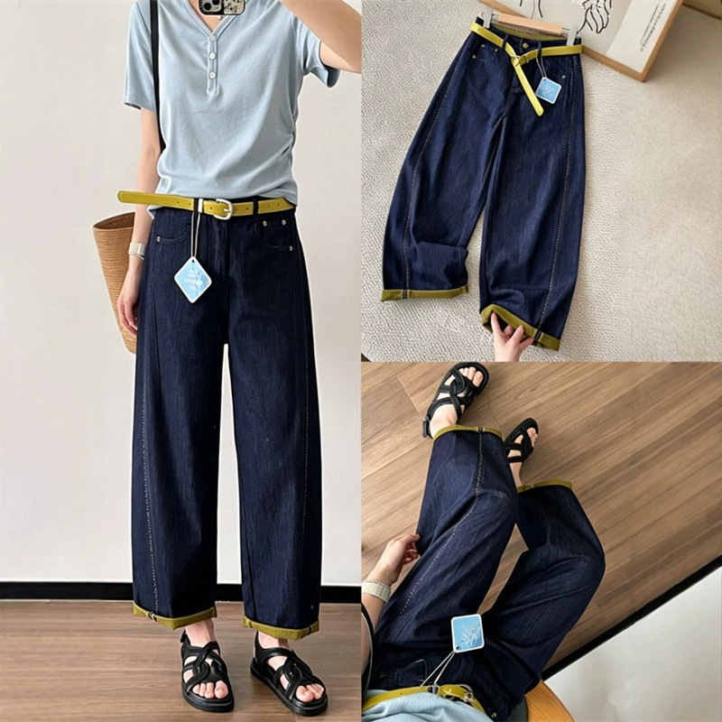 Anti-Fading Dark Blue Thin Denim Straight-Leg Pants, High-Waisted, Slimming, Color-Blocked, Cropped Wide-Leg Boyfriend Pants, Versatile, Curved-Leg Pants Anti-Fading Dark Blue Thin Denim Straight-Leg Pants, High-Waisted, Slimming, Color-Blocked, Cropped Wide-Leg Boyfriend Pants, Versatile, Curved-Leg Pants