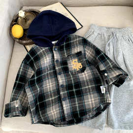 2025新款中小儿童春秋款男童洋气格子衬衫女宝宝连帽上衣休闲外套