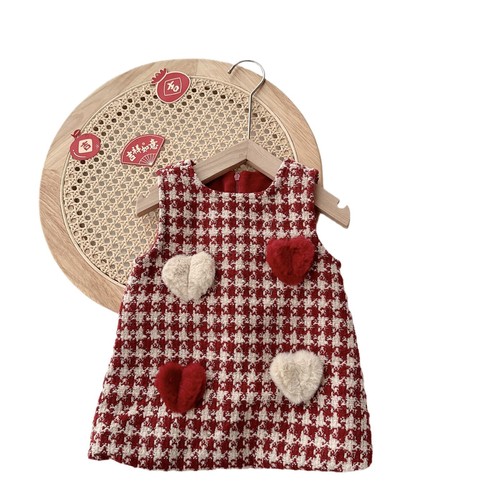 Women's Fleece Lined Dress with Heart Print for Winter, A-Grade Korean Style Baby Girl Thick Plaid Dress, Size AQ077