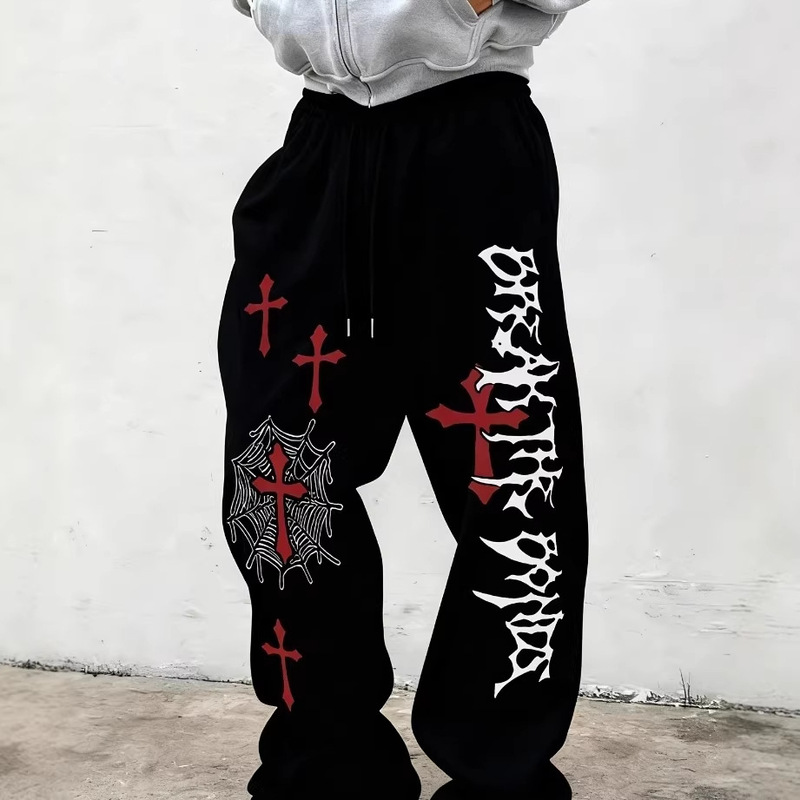 Spring and Autumn New Y2K Dark Gothic Print Loose Slimming Unisex Drawstring Sweatpants Wide-Leg Joggers